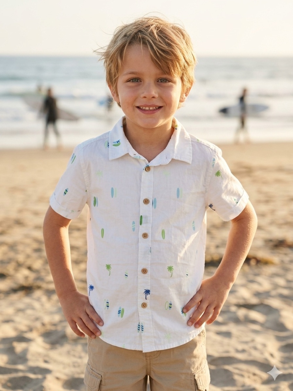 H&M Kids Boys Surfboard Palm Tree Short Sleeve Button Up Shirt Size 3-4Y RESORT